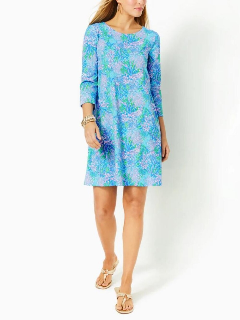 Lilly Pulitzer ChillyLilly 3/4 Sleeve Blue Pink Teal Floral Shift Midi Dress M